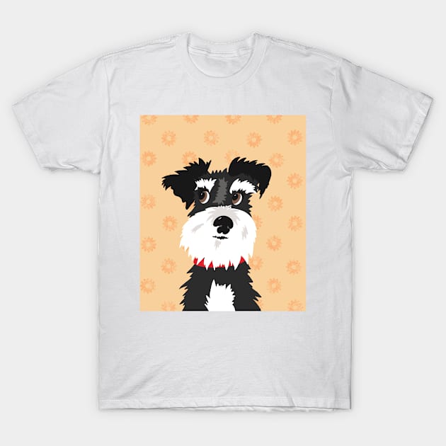 Black and White Miniature Schnauzer Dog with Orange Daisies T-Shirt by NattyDesigns